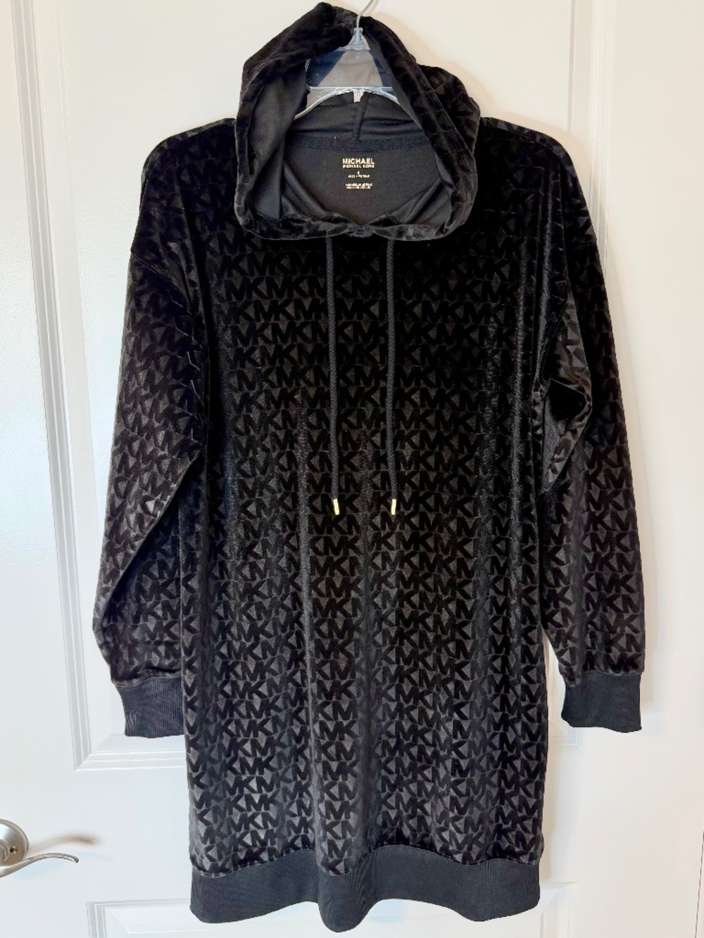 Michael Kors Black Velour Monogram Hoodie Dress, Size S